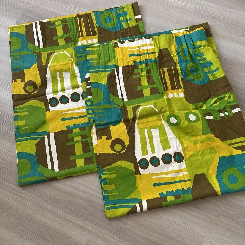 Vintage Mid Century Modern Green Abstract Print Heavy Cotton Curtains 60s 70s